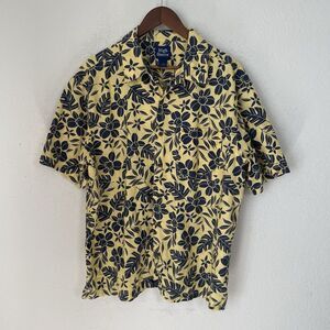 High Sierra Mens Button Up Shirt Large Colorful Yellow Linen Hawaiian Tropical